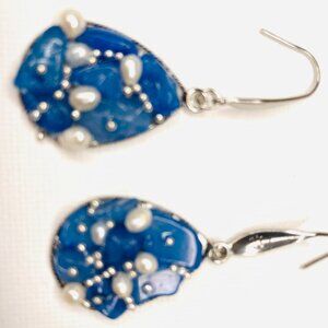 Handmade Blue Gemstone Earrings with Freshwater Pearl, Artist Design -NWT